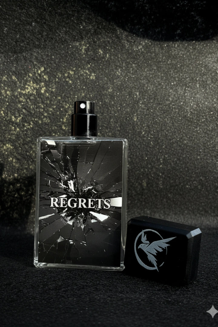 Perfume bottle labeled 'REGRETS' with a dark, textured background